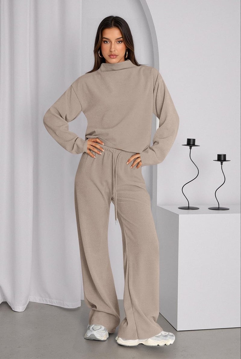 PRETTYGARDEN Store Women Fall Sweatsuits Two Piece Sets Mock Neck Long Sleeve Knit Tops Wide Leg Pants Lounge Set Travel Outfits - Image 2